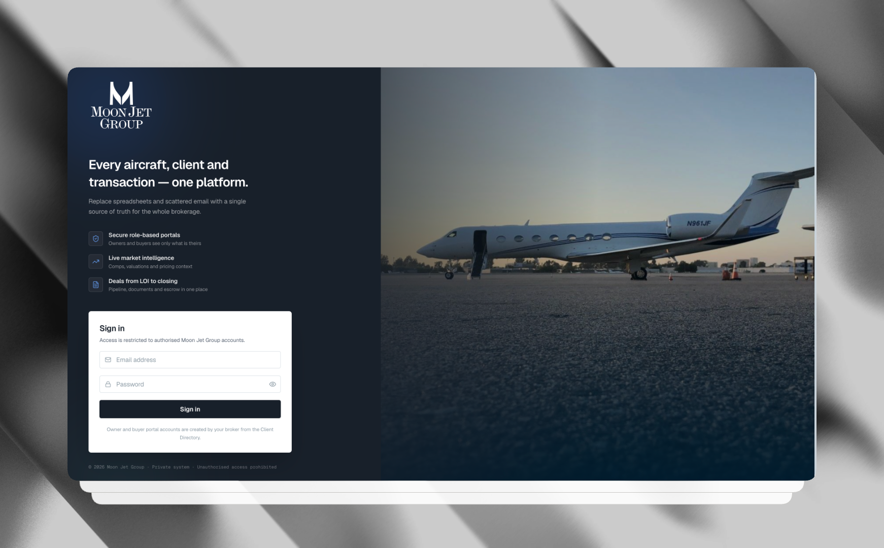 Moon Jet Group aircraft brokerage CRM dashboard showing listings and buyer pipeline