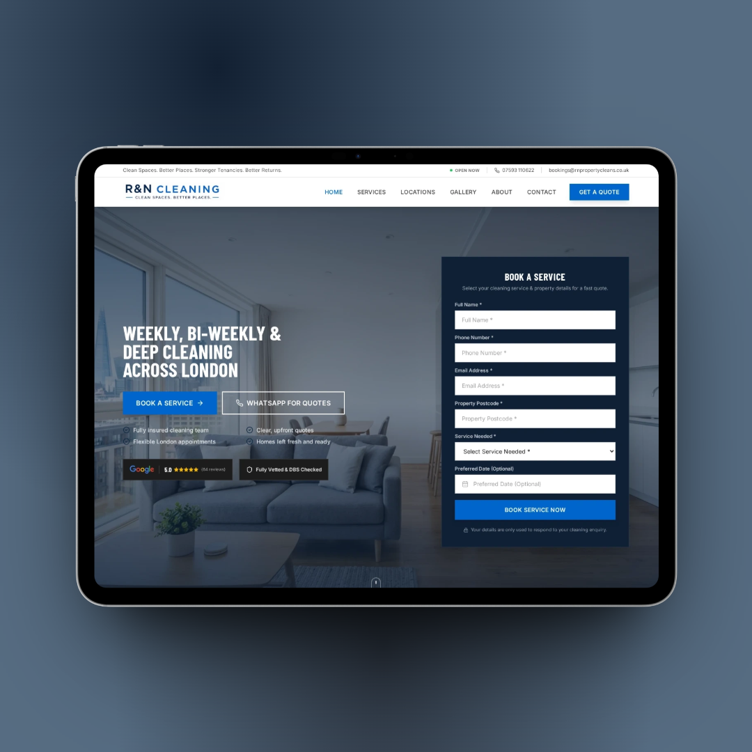 R&N Cleaning website showing the WhatsApp quote and Google review journey