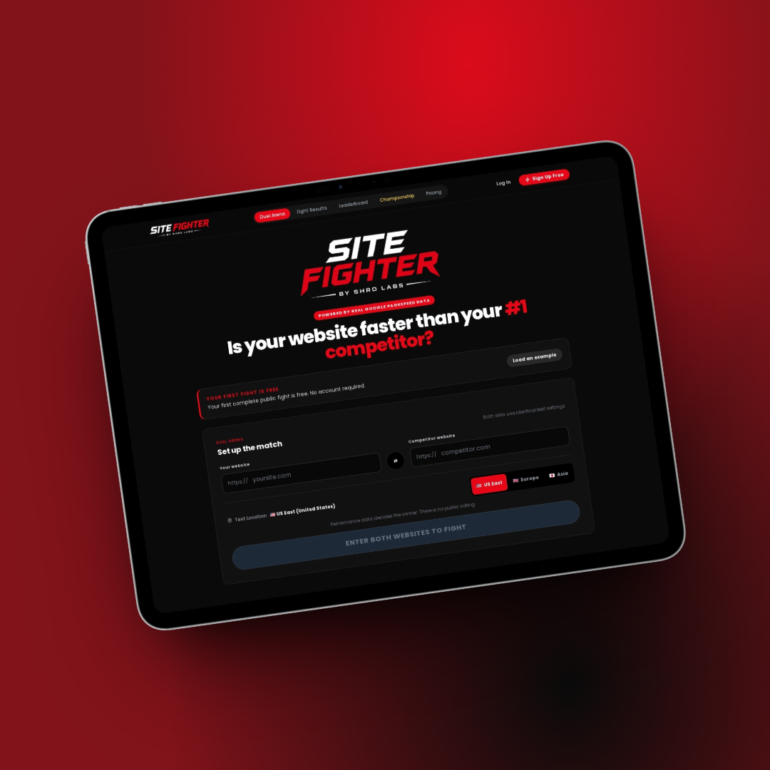 Site Fighter speed duel interface comparing two websites using Google PageSpeed data
